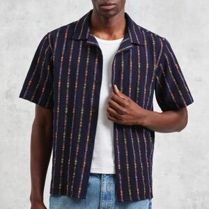 Wax London Didcot Shirt (Loom Stripe) - Navy Blue/Orange - size M - NEW